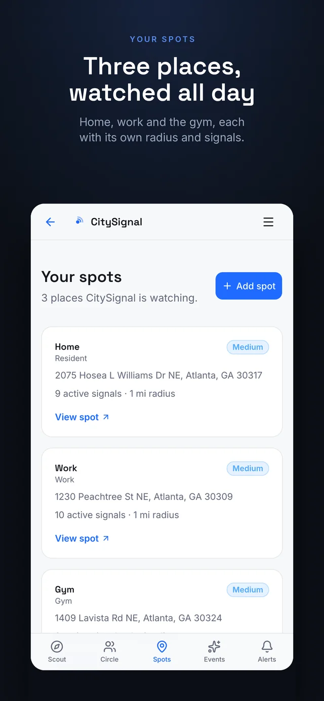 Three places, watched all day. Home, work and the gym, each with its own radius and signals.